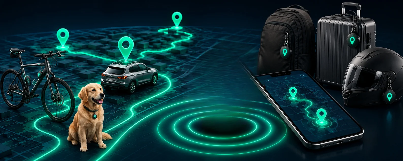 Tag localizadora em bicicleta, carro, pet, mochila e mala, com cerca virtual no mapa